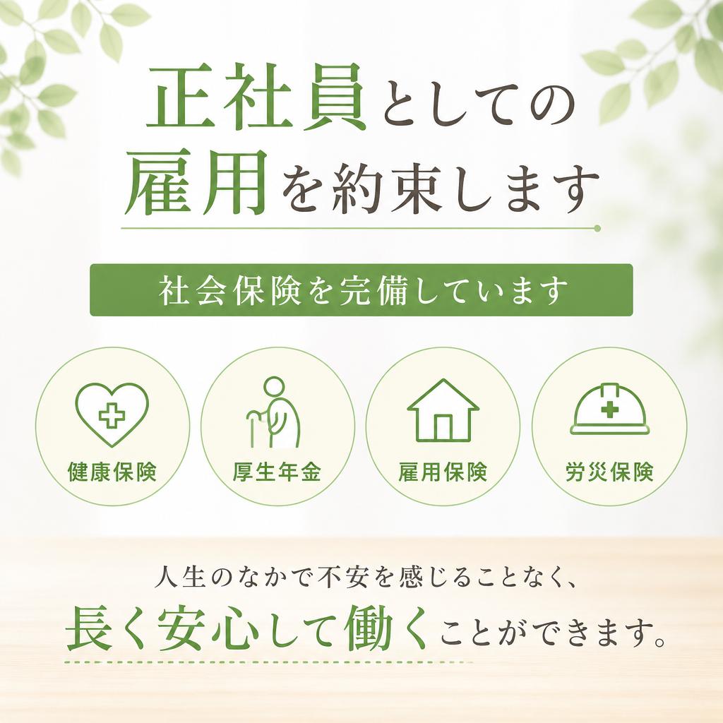 安心の雇用条件—正社員・社会保険完備